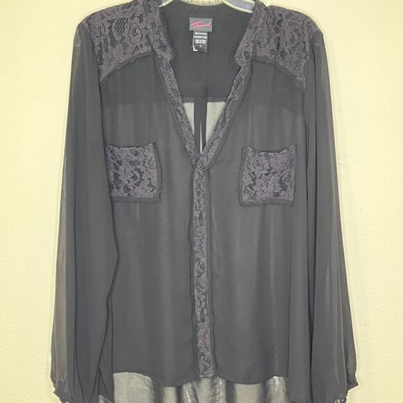Torrid sheer black lace trim long sleeve blouse top Sz 1 v-neck shirt - Picture 1 of 6